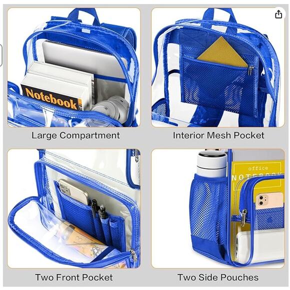 Clear Backpack Heavy Duty, See Through Bag, Transparent Stadium Bag, Blue - Picture 3 of 4